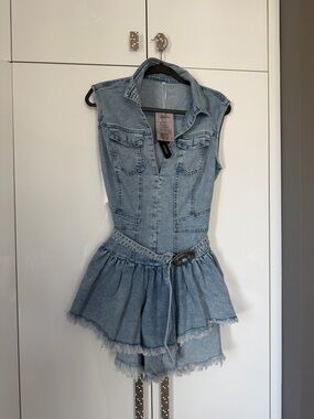 Denim Mini Dress with Frayed Hem